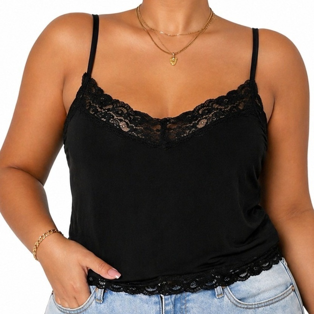 Lane Bryant Lace Cami Women 22/24 Black Adjustable Strap Rayon Spandex Trim Sexy